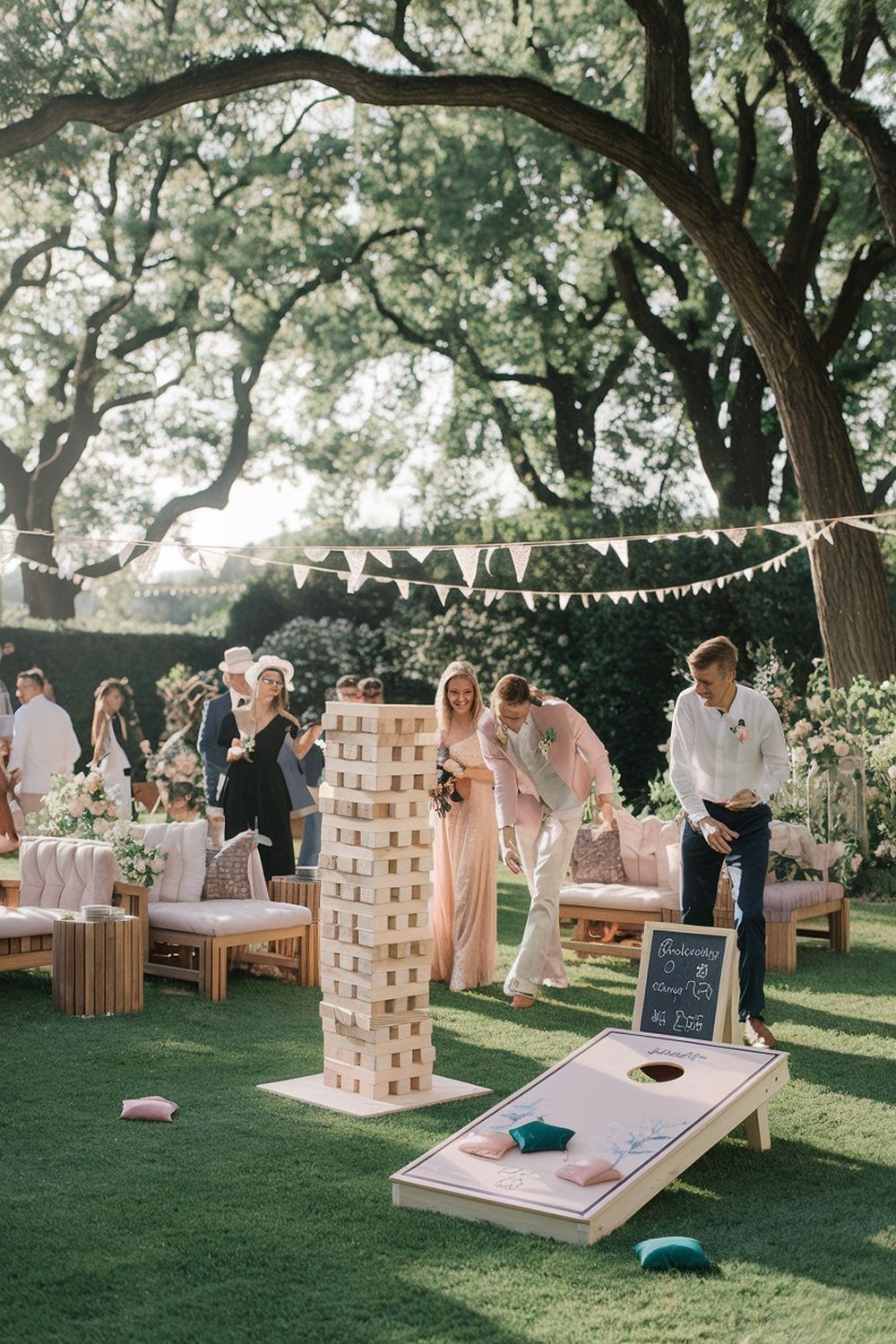 The Boardwalk lawn games — cornhole and Giant Jenga by Sip Tide